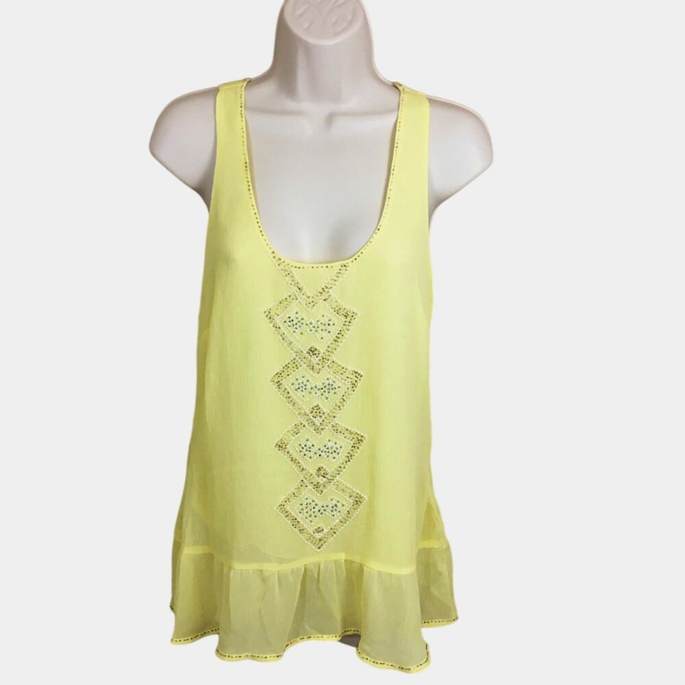 XXI Boutique   Light Yellow Gauze Beaded Tank Top Feminine Ruffled Hem